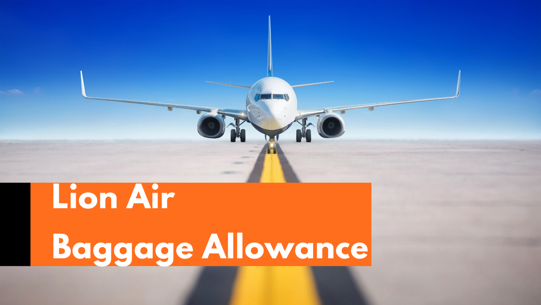 Lion Air baggage allowance travel guide banner featuring an airplane on a sunny airport runway.